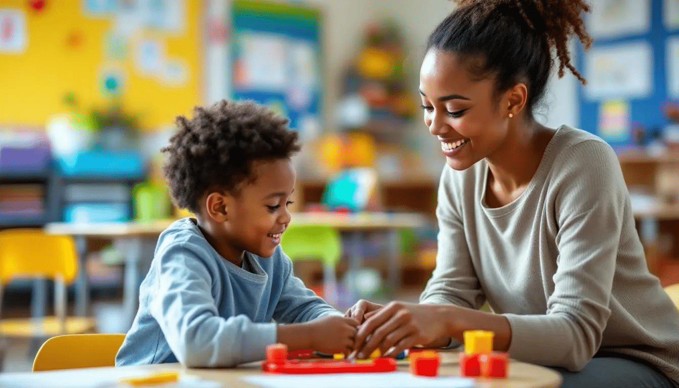 An SEN learning support assistant engaging with a child in a classroom setting.