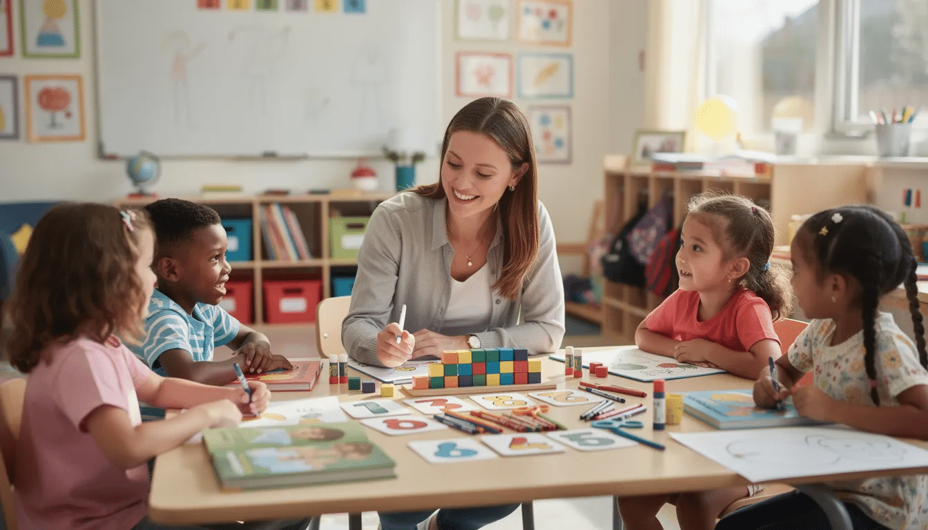A teaching assistant is seated at a table with primary school children, surrounded by a variety of colorful learning resources. The scene captures the supportive role of teaching staff as they engage and assist students in their educational activities.