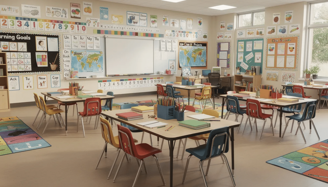 The image depicts a vibrant classroom filled with educational displays on the walls, featuring small group work tables arranged for collaborative learning activities among students. This setting highlights the supportive role of teaching assistants and teaching staff in fostering an engaging educational environment.