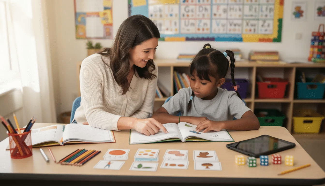 A teacher is engaged in one-to-one learning with a young student at a desk filled with educational resources, providing support to enhance the child's academic progress and wellbeing. This interaction exemplifies the importance of tailored teaching strategies in schools to support children with special educational needs.