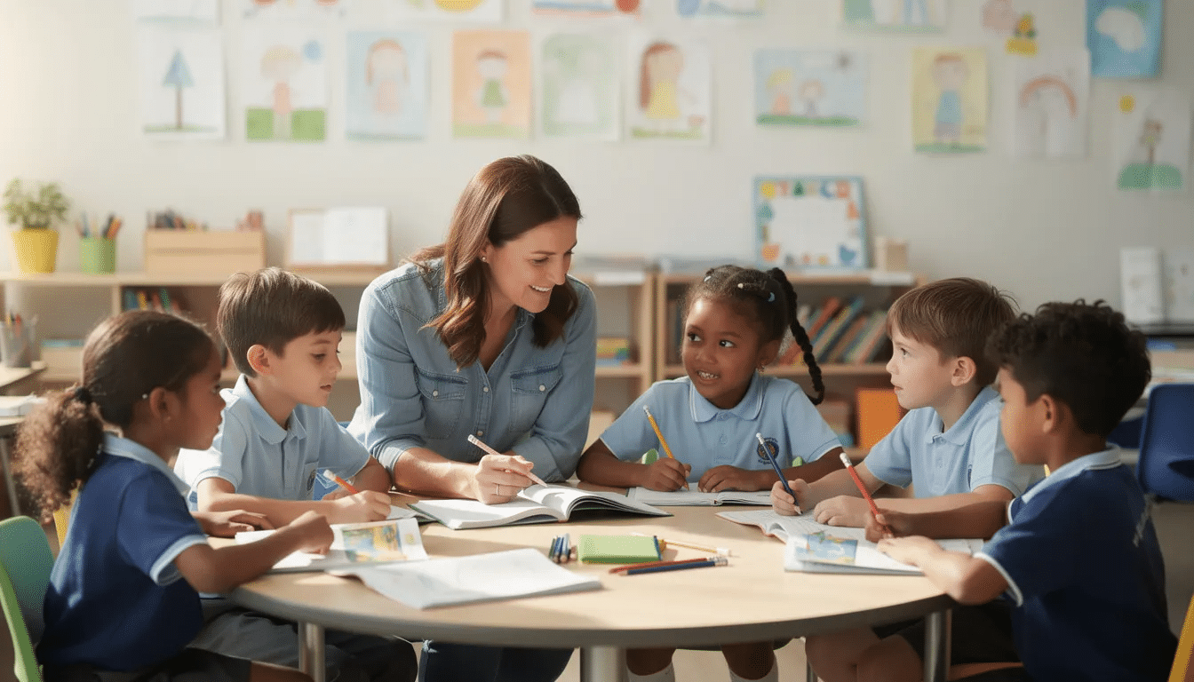 A teaching assistant and a class teacher collaborate at a round table with a small group of primary pupils, engaging in high-quality teaching practices that support learning and academic progress. This inclusive environment fosters collaborative learning and encourages individual pupils to develop their skills through evidence-based strategies.