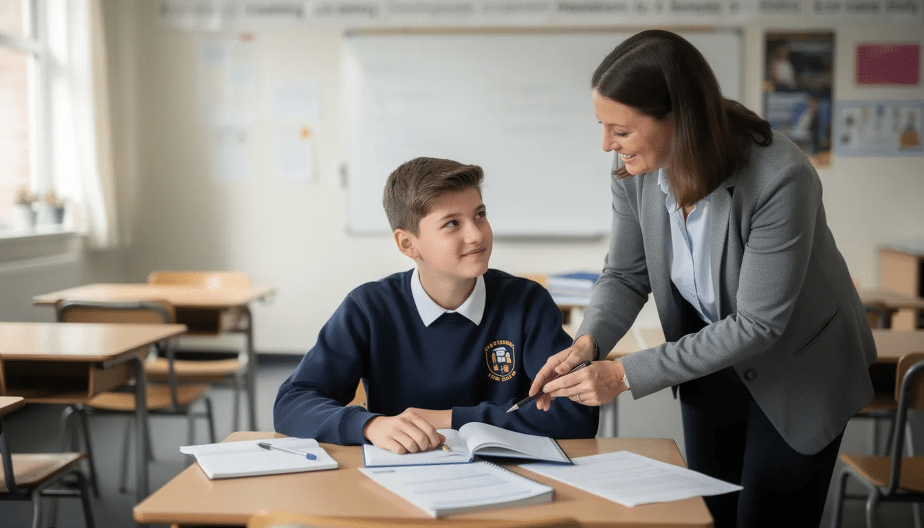 A teacher is providing one-to-one feedback to a secondary school student at their desk, fostering a supportive environment that encourages academic progress and deep understanding. This interaction exemplifies high quality teaching and the use of evidence-based strategies to support pupils, particularly those with special educational needs.