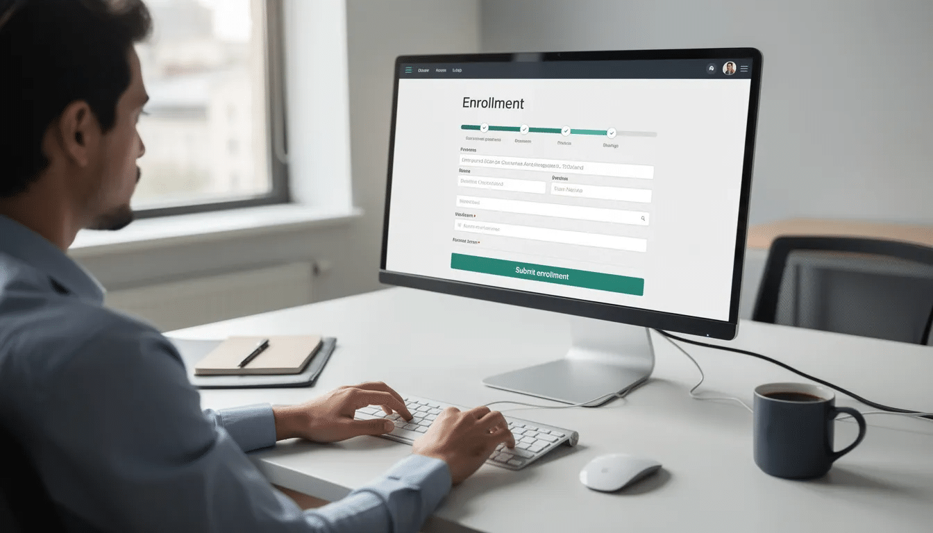 A person is seated at a desk, focused on completing an online enrolment form for a special educational needs (SEN) teaching assistant course. The computer screen displays course materials and information about supporting children with learning difficulties, emphasizing the importance of a person-centred approach and the benefits of tutor support throughout the learning journey.
