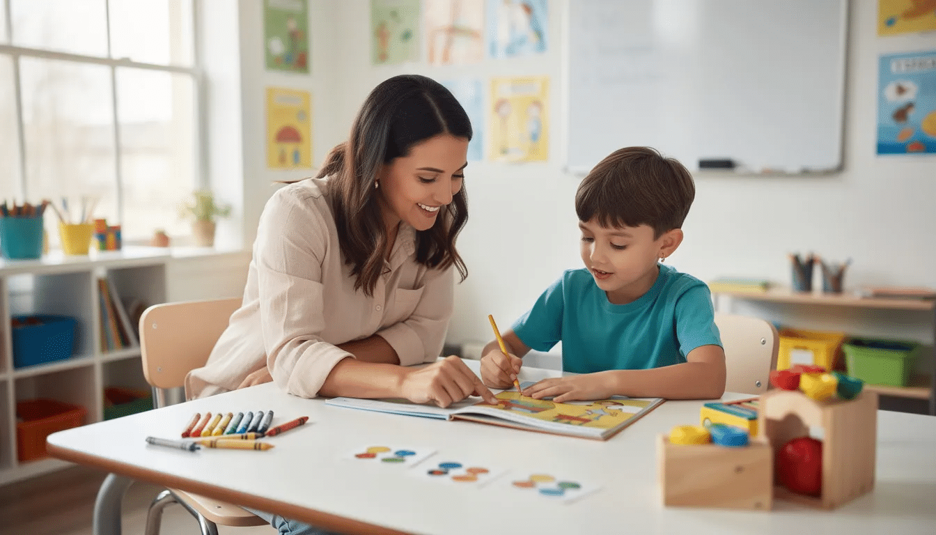A teaching assistant is engaged with a young student in a bright classroom, providing personalized support for learning activities tailored to the child's pace. This interaction highlights the importance of special educational needs (SEN) teaching and the role of tutor support in fostering a successful learning journey for students with learning difficulties.