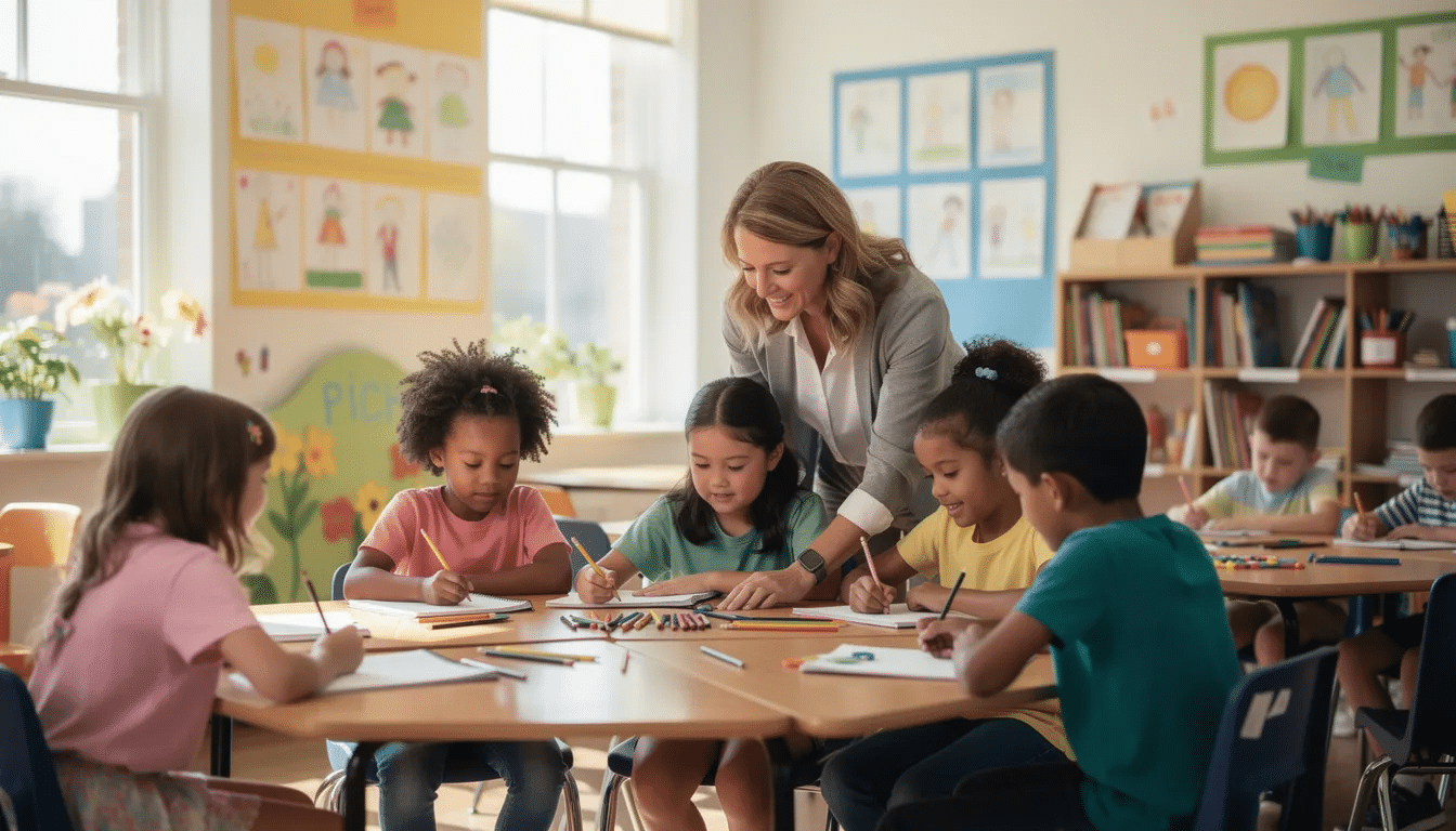 A teacher is actively engaging with a diverse group of primary school children at their desks in a bright classroom, fostering collaborative learning and supporting pupils with special educational needs. The environment reflects high quality teaching practices, emphasizing positive relationships and adaptive teaching strategies to enhance academic progress for all learners.
