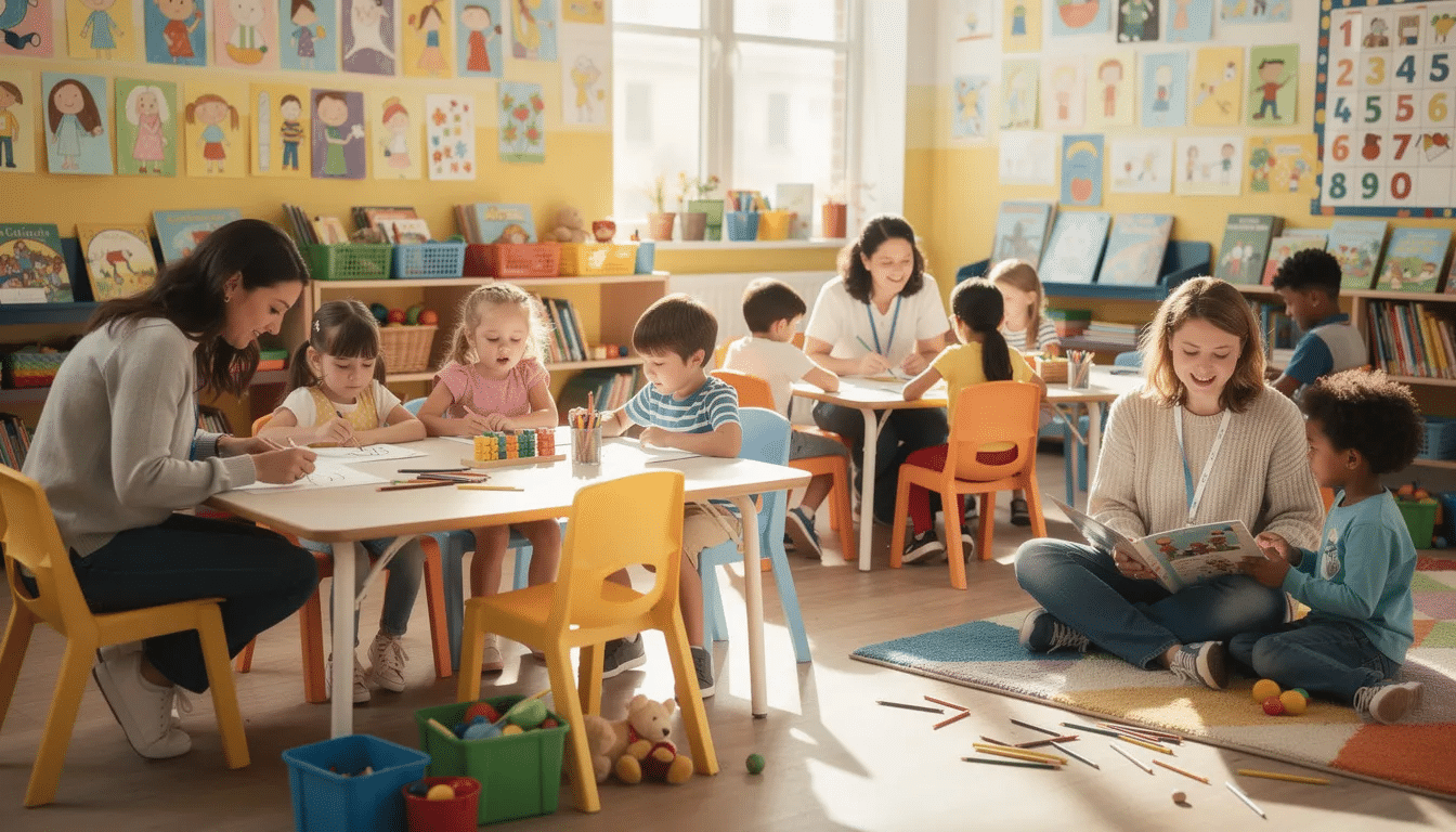In a vibrant primary school classroom, teaching assistants are actively engaged with children, providing support tailored to their individual learning needs. The scene reflects a commitment to special educational needs (SEN) teaching, promoting a diverse and inclusive environment where students can progress at their own pace.