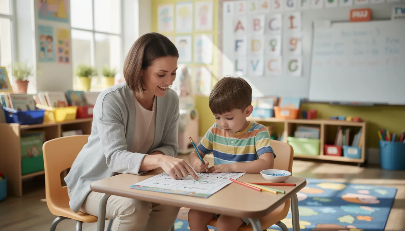A teaching assistant is actively supporting a young student with learning activities in a bright classroom, fostering a supportive learning environment. This crucial role involves helping children with special educational needs, promoting their engagement and understanding in the educational setting.