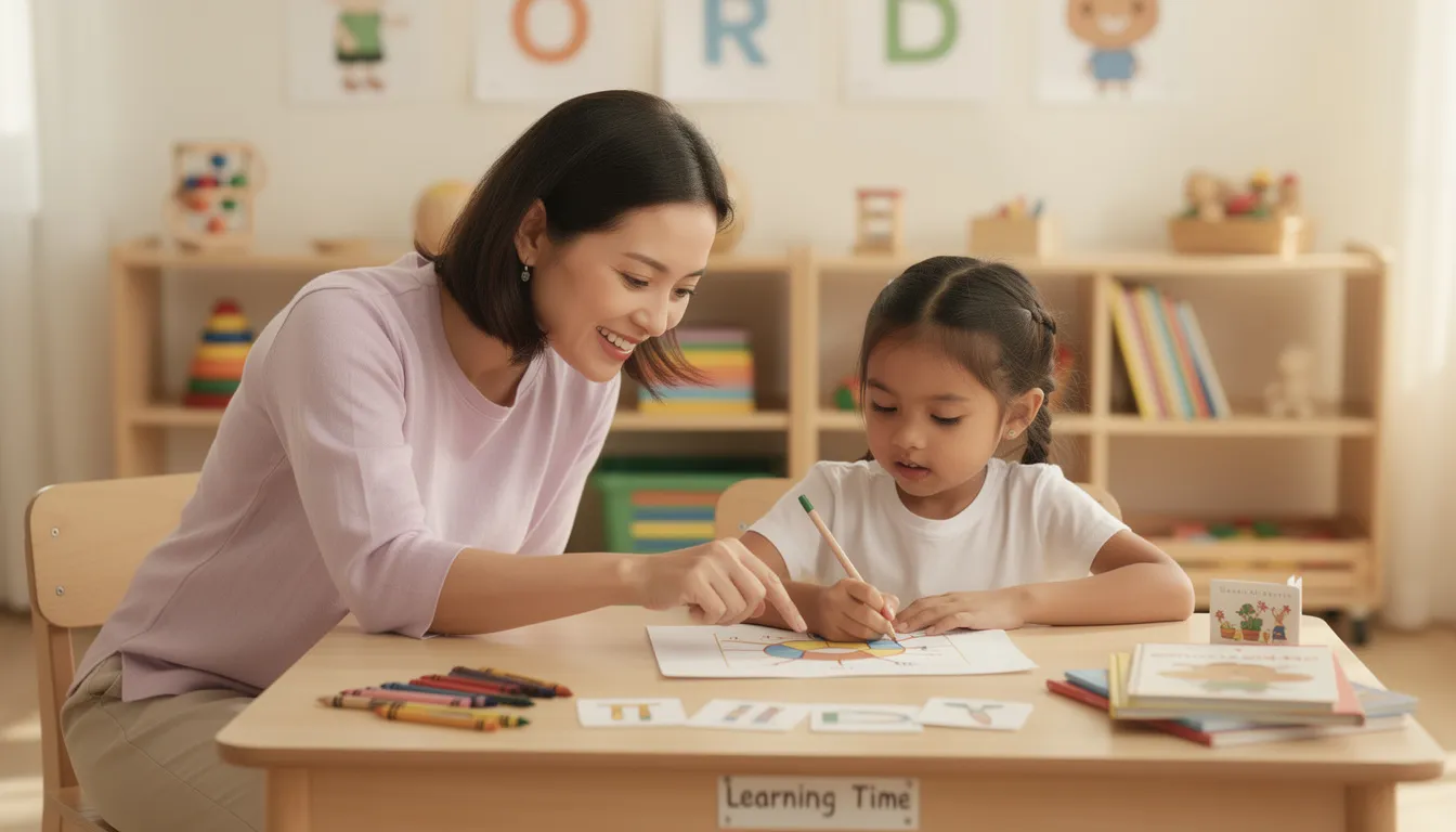 A support worker is assisting a child with a learning activity at a desk in a supportive learning environment, demonstrating the crucial role of teaching assistants in helping students with special educational needs. The scene highlights the importance of providing extra support to children with learning difficulties in an educational setting.