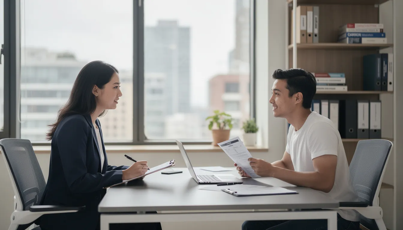 The image depicts a professional meeting in an office setting between an education consultant and a job seeker discussing opportunities in teaching assistant jobs, specifically focusing on roles that support students with special educational needs. The atmosphere is collaborative, emphasizing the importance of relevant experience and the rewarding nature of careers in educational support.