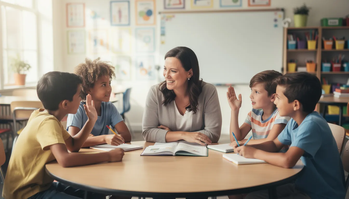 A teacher is leading a small group learning session with engaged students, creating a supportive learning environment. This scene highlights the crucial role of teaching assistants and support staff in helping children with special educational needs to thrive in their educational setting.