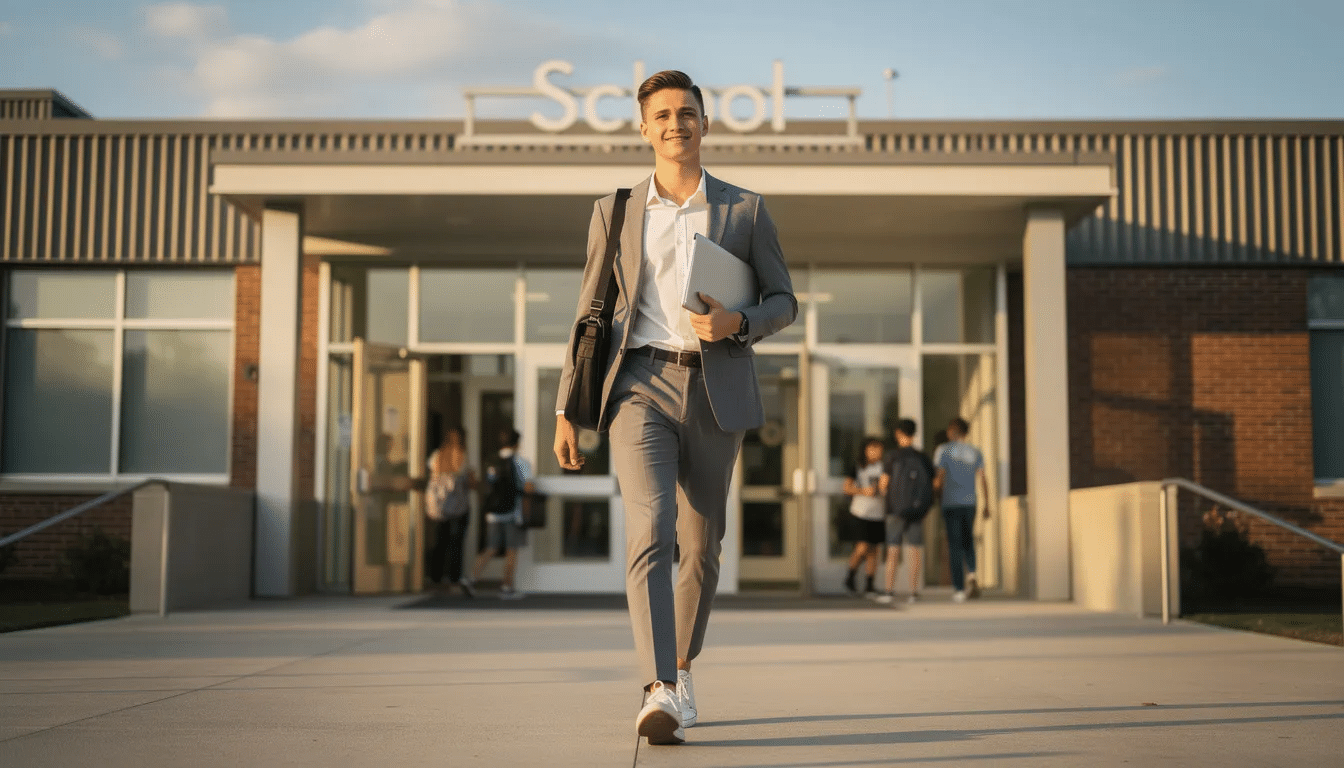 A young professional confidently walks towards a school entrance on a sunny morning, embodying the aspirations of those looking to become a teaching assistant. This scene reflects the vibrant atmosphere of the education sector, where supporting students effectively is key to a rewarding career.