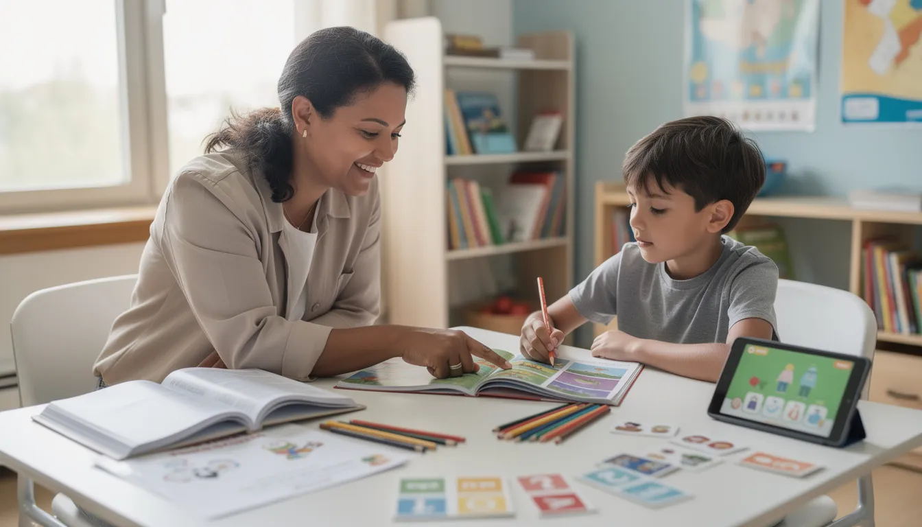 The image depicts an adult teaching assistant working one-to-one with a young student, utilizing various educational resources to support the child's learning journey. This interaction highlights the crucial role of support staff in fostering student progress and providing tailored support for individual learners.