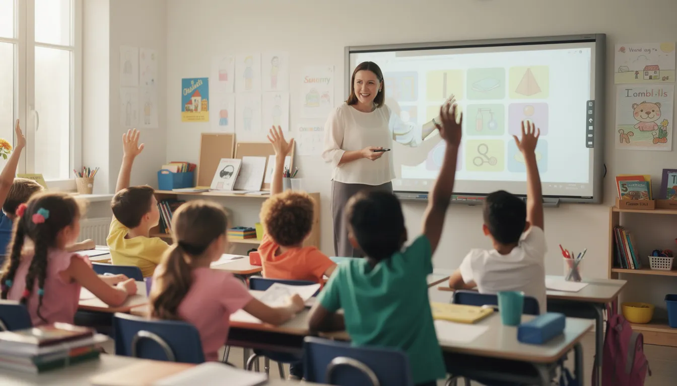 A supply teacher stands at an interactive whiteboard, engaging primary pupils who are eagerly raising their hands to answer questions. The scene captures the dynamic nature of supply teaching in London schools, where experienced teachers adapt their lesson plans to cater to different age groups and support young minds in a vibrant classroom environment.