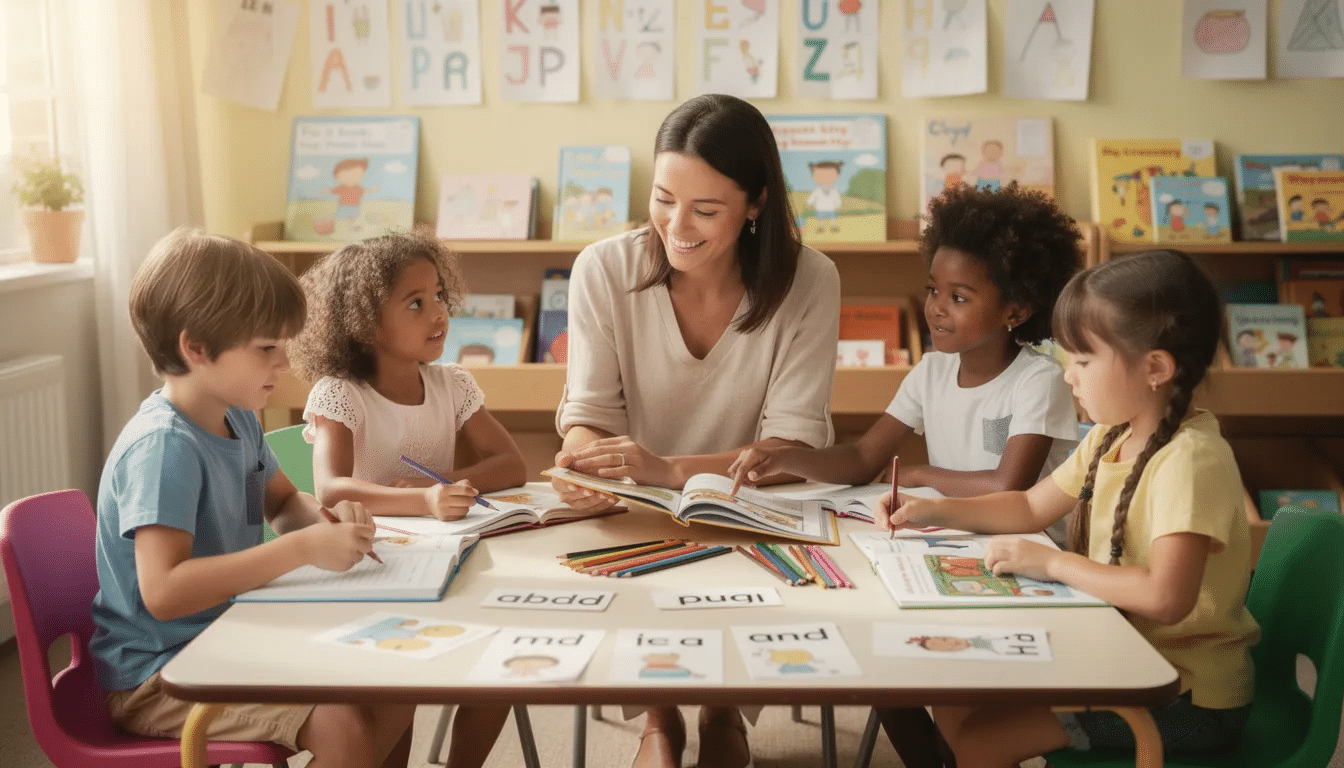 A teaching assistant is actively supporting primary school children with reading activities at a table, fostering their literacy skills in a collaborative classroom environment. This rewarding career path allows aspiring teaching assistants to gain relevant qualifications and experience while effectively supporting student learning.