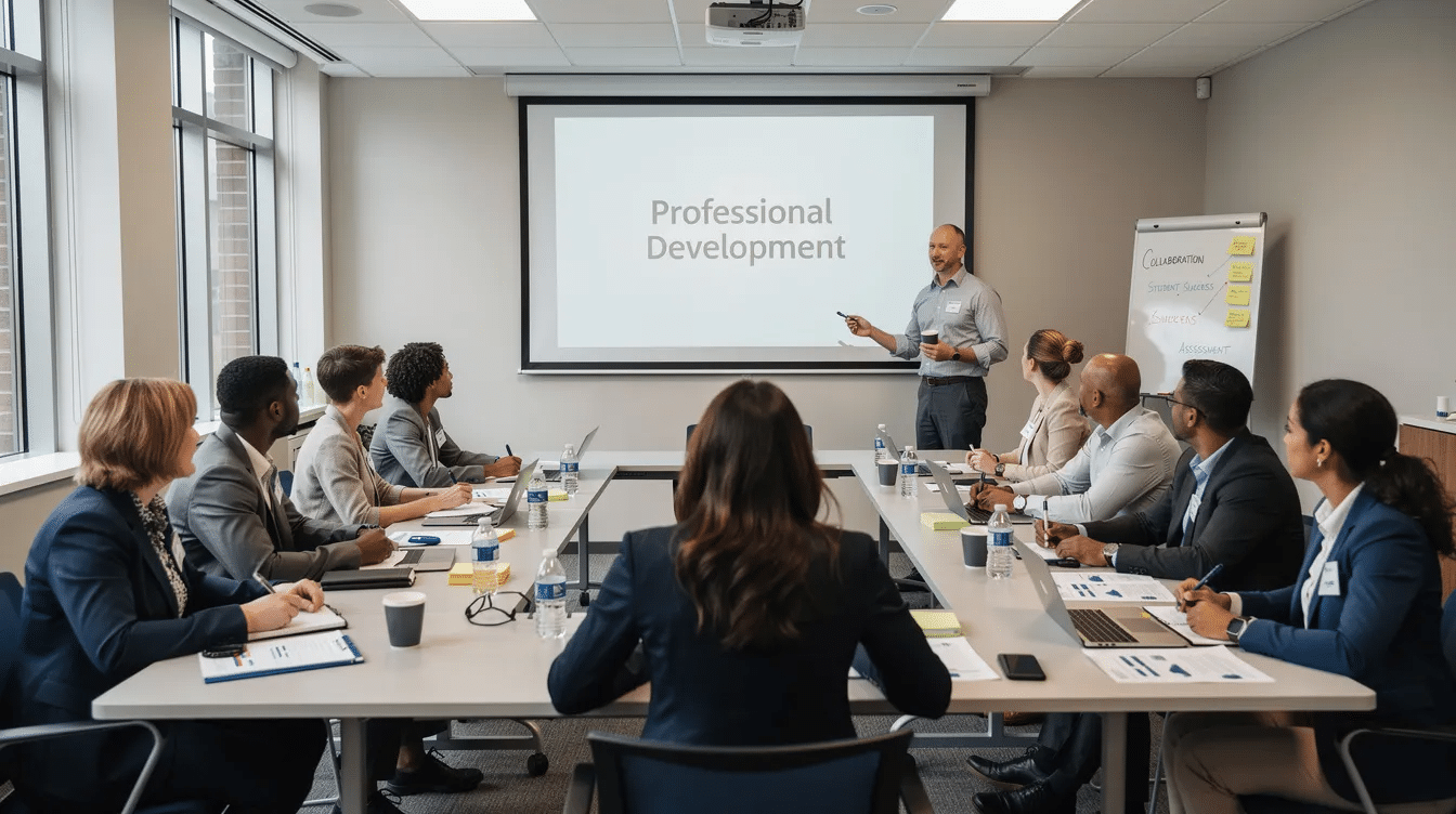 The image depicts a professional development session in a training room, where educators are engaged in discussions and activities aimed at enhancing their teaching skills. The setting suggests a focus on teacher pay scales and retention strategies, emphasizing the importance of qualified teachers and support staff in improving educational outcomes.