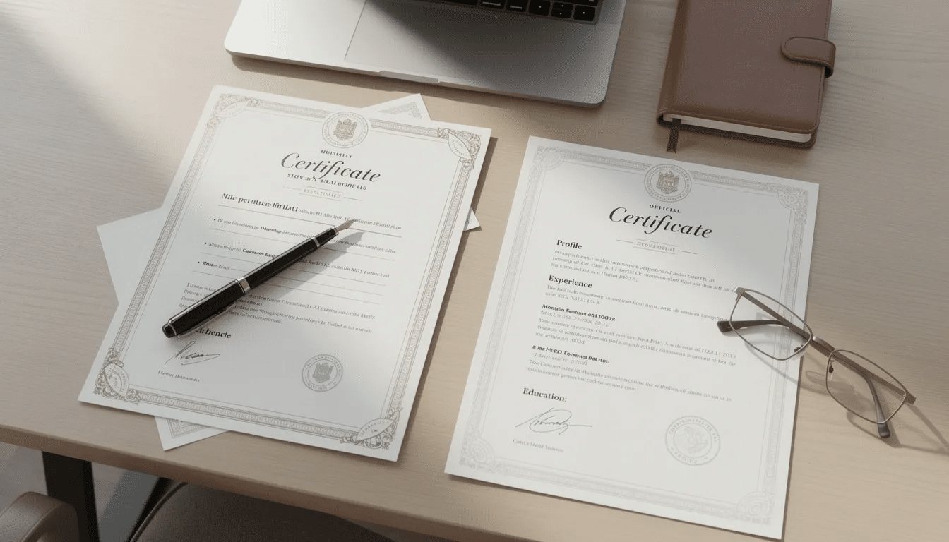 The image shows a neatly arranged desk with various professional documents, including certificates and a CV, which are essential for a teaching assistant interview. These materials reflect the candidate's qualifications and experiences, showcasing their communication skills and readiness to support students in a classroom setting.