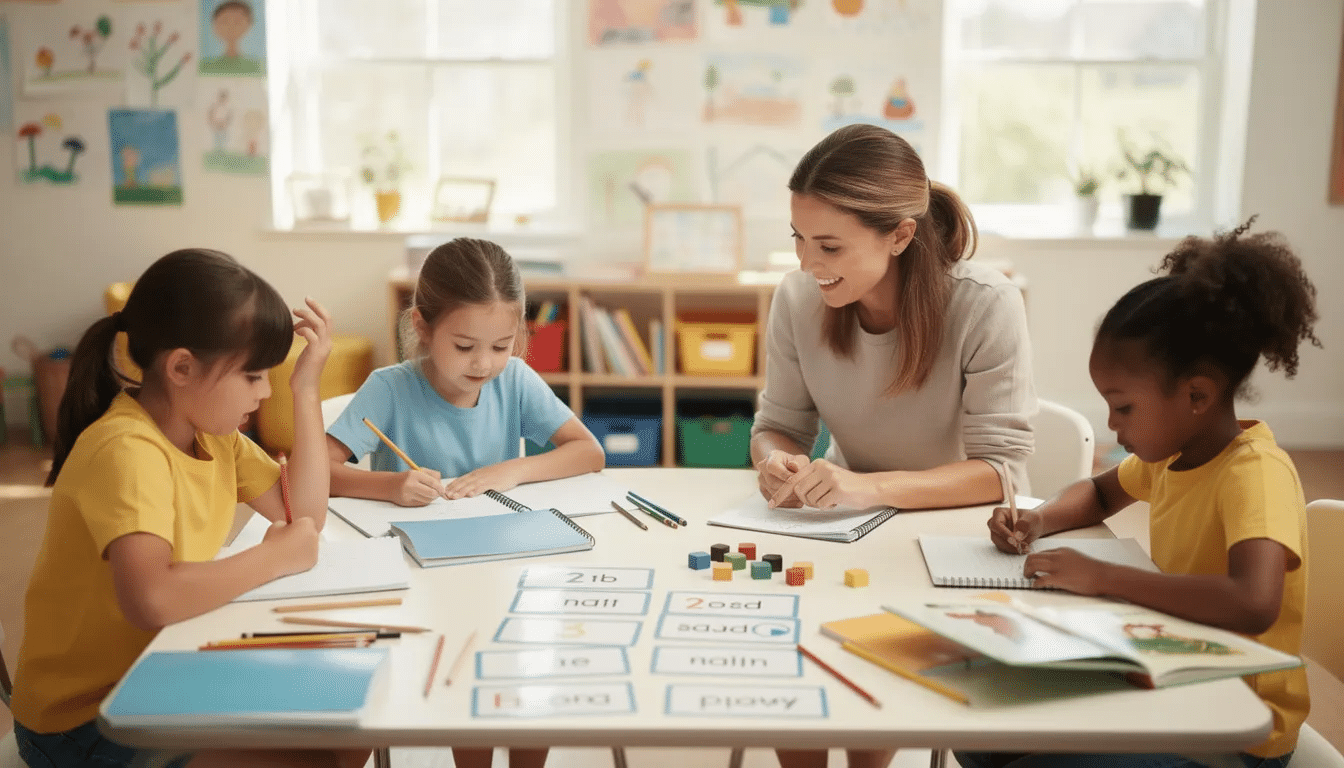 A teaching assistant is engaged with a small group of primary school children at a table filled with various learning materials, demonstrating effective teaching methods and confident communication skills to support students in their learning. The scene captures the collaborative environment where the assistant provides one-to-one support, helping children understand and engage with their lesson plan.