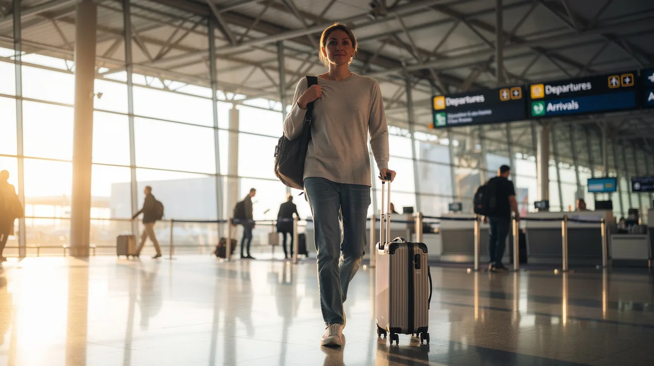 A person is seen arriving at an airport terminal, pulling a suitcase behind them, with the bustling atmosphere of travelers and airport staff in the background. This scene captures the excitement and anticipation often associated with beginning a new teaching career or journey, whether in primary or secondary schools, supported by dedicated teams from education recruitment agencies.