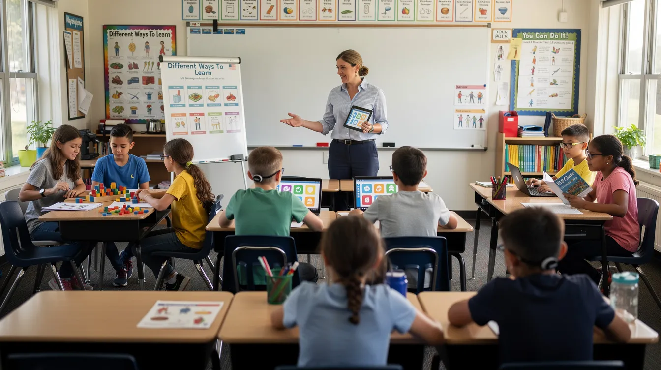 An inspiring teacher is seen in a classroom, actively adapting lessons to meet the diverse needs of students, fostering positive relationships and encouraging lifelong learning. The teacher uses creative ideas and effective teaching strategies to ensure all learners can succeed and develop new skills.