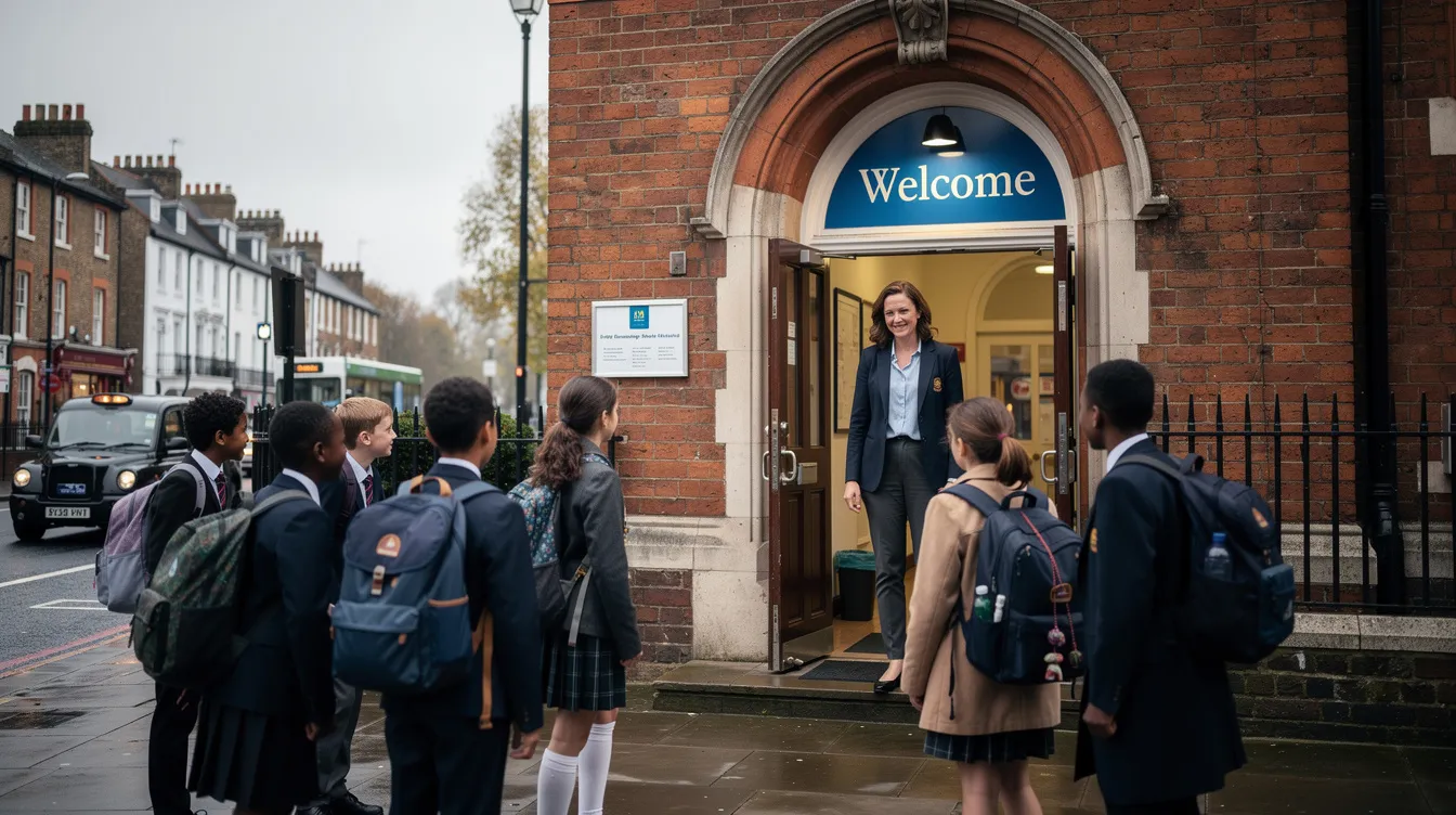 A teacher warmly greets students at the entrance of a London school building, fostering a welcoming atmosphere for the start of the academic year. This moment highlights the important role educators play in building strong relationships with pupils and supporting their teaching journey.