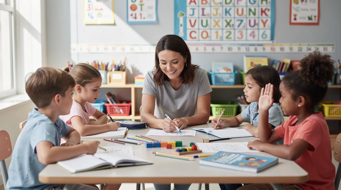 A dedicated teaching assistant is engaged with a small group of primary school children at a table, fostering a supportive learning environment. This scene highlights the important role of support staff in education, emphasizing their contribution to the teaching journey and professional growth of young pupils.