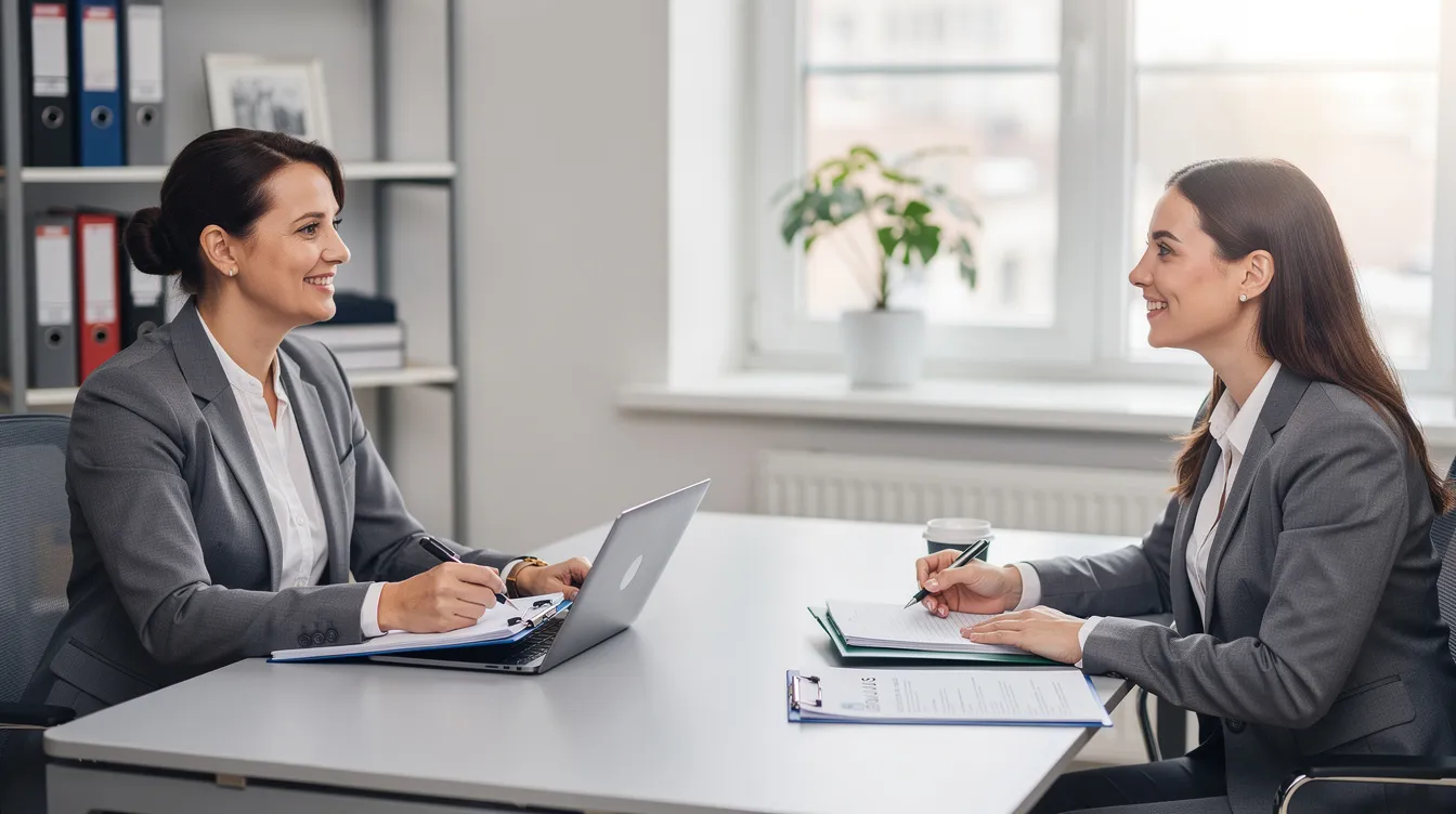 A professional recruitment consultant is meeting with a teacher candidate in a well-lit office, discussing opportunities in the education sector, including roles for qualified teachers and teaching assistants. The setting reflects a focus on supporting educators in their teaching career, as they explore potential positions in secondary schools and primary settings across London.
