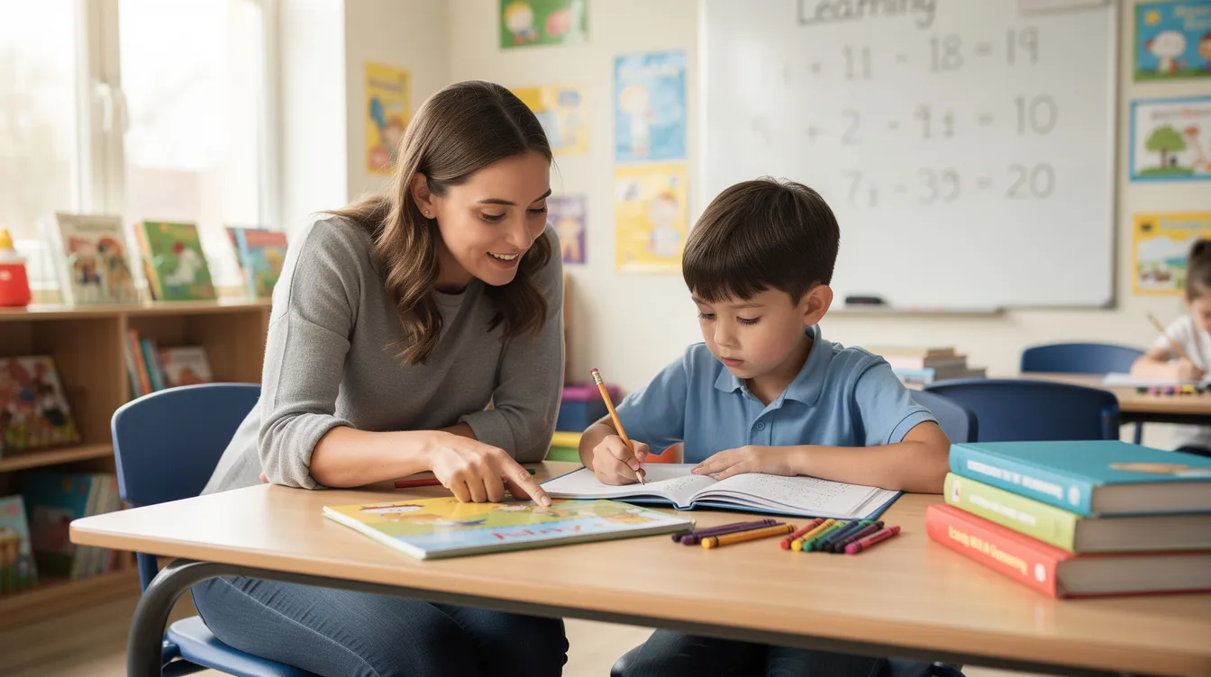 A dedicated teaching assistant is working one-on-one with a primary school pupil at a classroom desk, providing personalized support to enhance the child's learning experience. This interaction highlights the essential role of SEN teaching assistants in mainstream schools, where they help students with special educational needs thrive academically and socially.