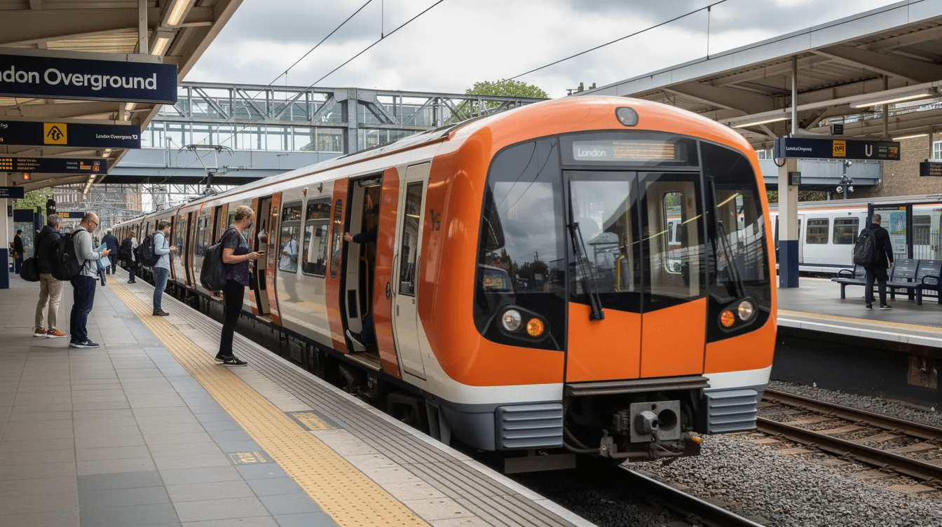 The image depicts a London overground train arriving at a busy station platform, with passengers waiting to board. This scene captures the vibrant atmosphere of urban commuting in London, where individuals of diverse backgrounds are often on their way to teaching jobs or educational roles across the city.
