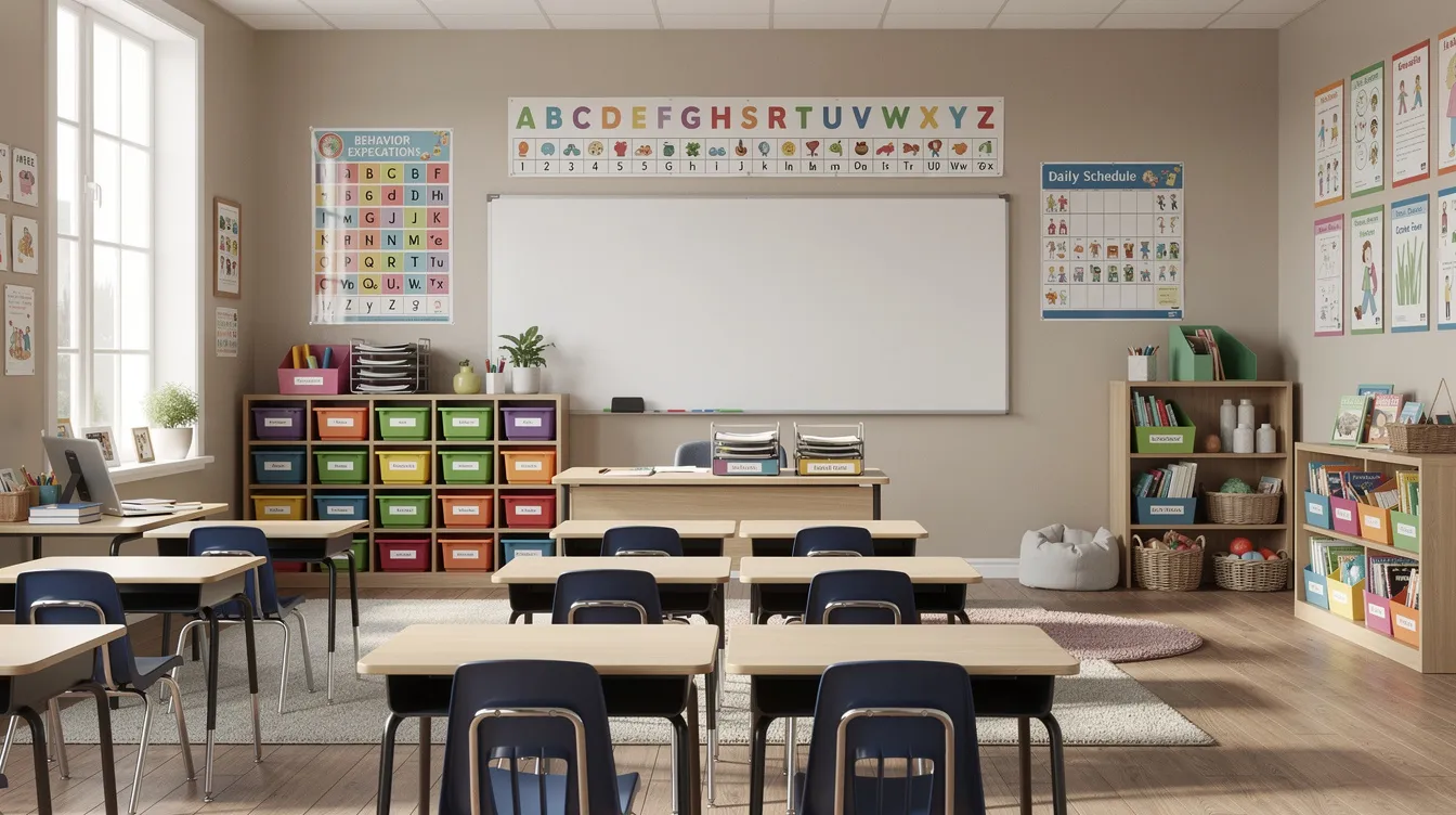 The image depicts a calm classroom environment with neatly organized resources and visual supports on the walls, creating an inclusive learning environment ideal for supporting students with special educational needs. The arrangement promotes positive relationships and effective behaviour management strategies, essential for a successful teaching assistant role.