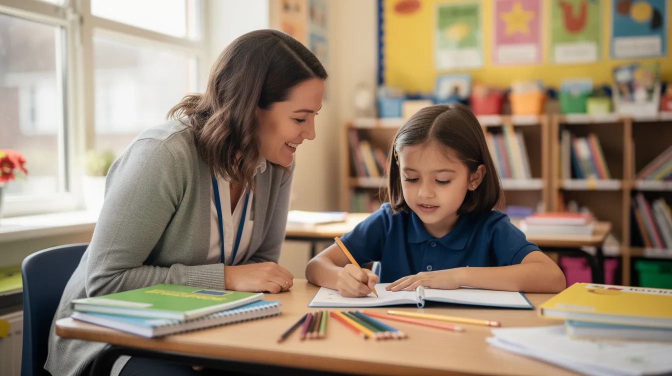 A teaching assistant is working one-to-one with a young pupil at a classroom desk, providing support to enhance the child's learning and manage any challenging behaviour effectively. This inclusive learning environment fosters positive relationships between the assistant and the student, ensuring academic progress tailored to different learning styles.