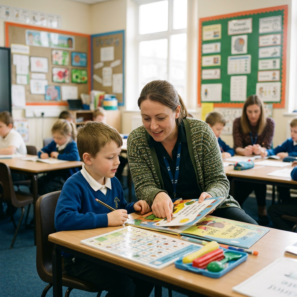 SEN teaching assistant supporting a primary pupil one-to-one in a London classroom