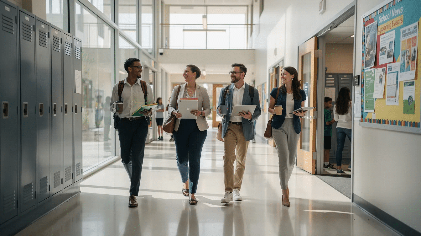 A group of teachers is walking through a modern school corridor during break time, engaging in conversation and enjoying their time together. The scene reflects a vibrant educational environment, emphasizing the importance of collaboration among educators and the role of supply teachers in supporting schools.