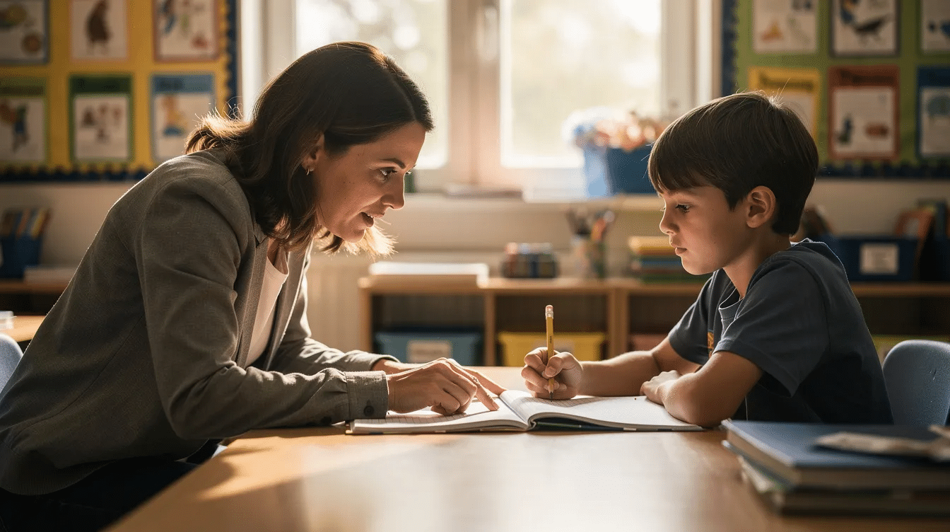 A teacher is assisting a pupil at a classroom table, fostering a supportive learning environment. This scene highlights the vital role of educational support staff in local authority schools and the importance of education recruitment frameworks for effective teaching and learning.
