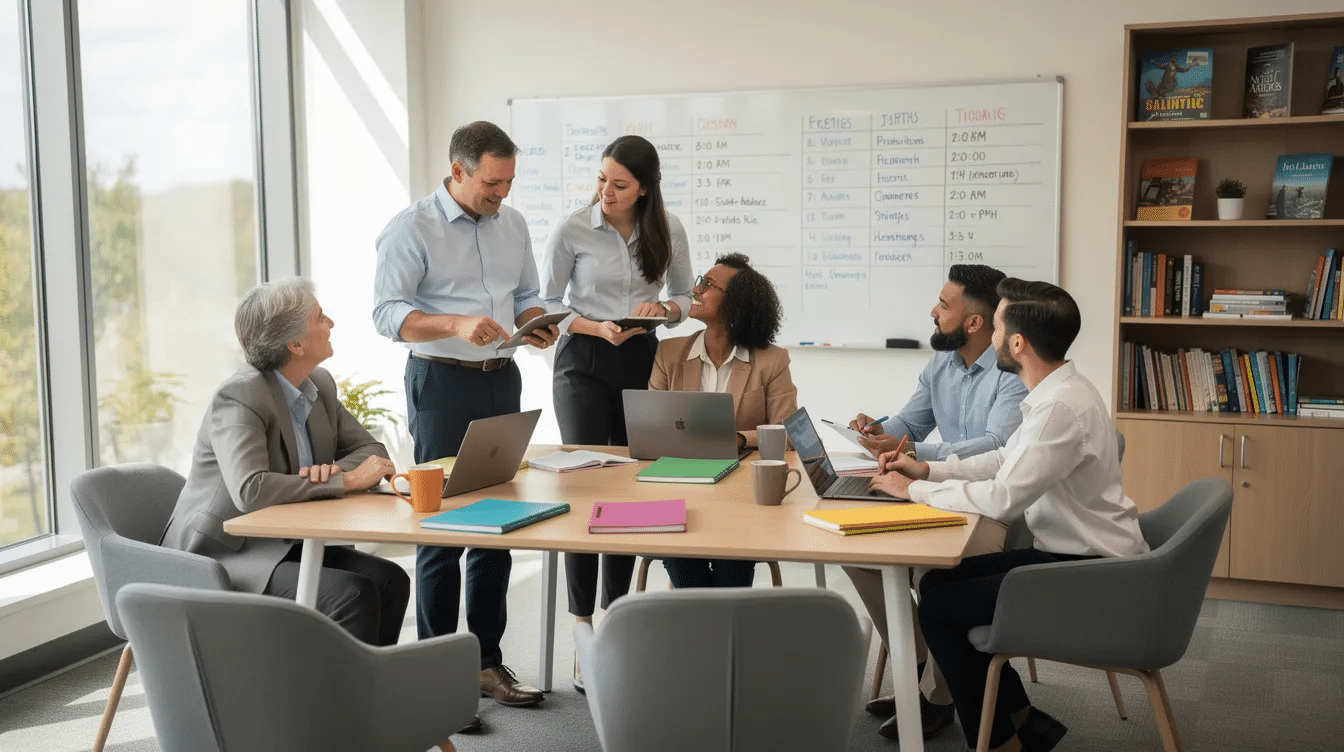 A group of professional teachers collaborates in a modern school staffroom, discussing strategies for education recruitment and the support of supply teachers. The environment reflects a commitment to enhancing educational establishments through teamwork and effective communication among staff.