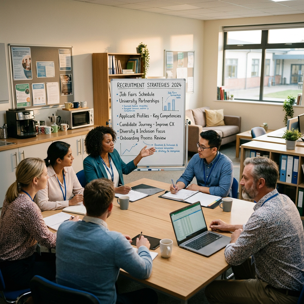 A modern school staffroom where professional teachers collaborate and discuss education recruitment strategies and supply teacher support.