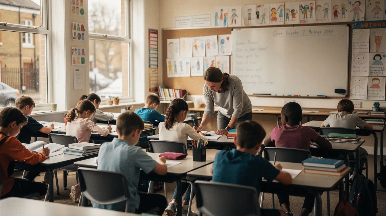 The image depicts a calm London classroom where pupils are engaged in their work, while a dedicated adult, likely a teaching assistant, provides support for their learning. This environment reflects the vital role of supply teachers and support staff in primary and secondary schools, contributing to a positive educational experience for young people.