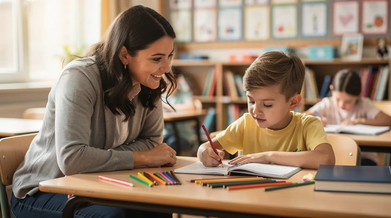 A teaching assistant is providing support to a pupil at a classroom table, helping them with their work in a local authority maintained school. This interaction highlights the importance of teaching assistants in fostering a supportive school community and enhancing the learning experience for students.