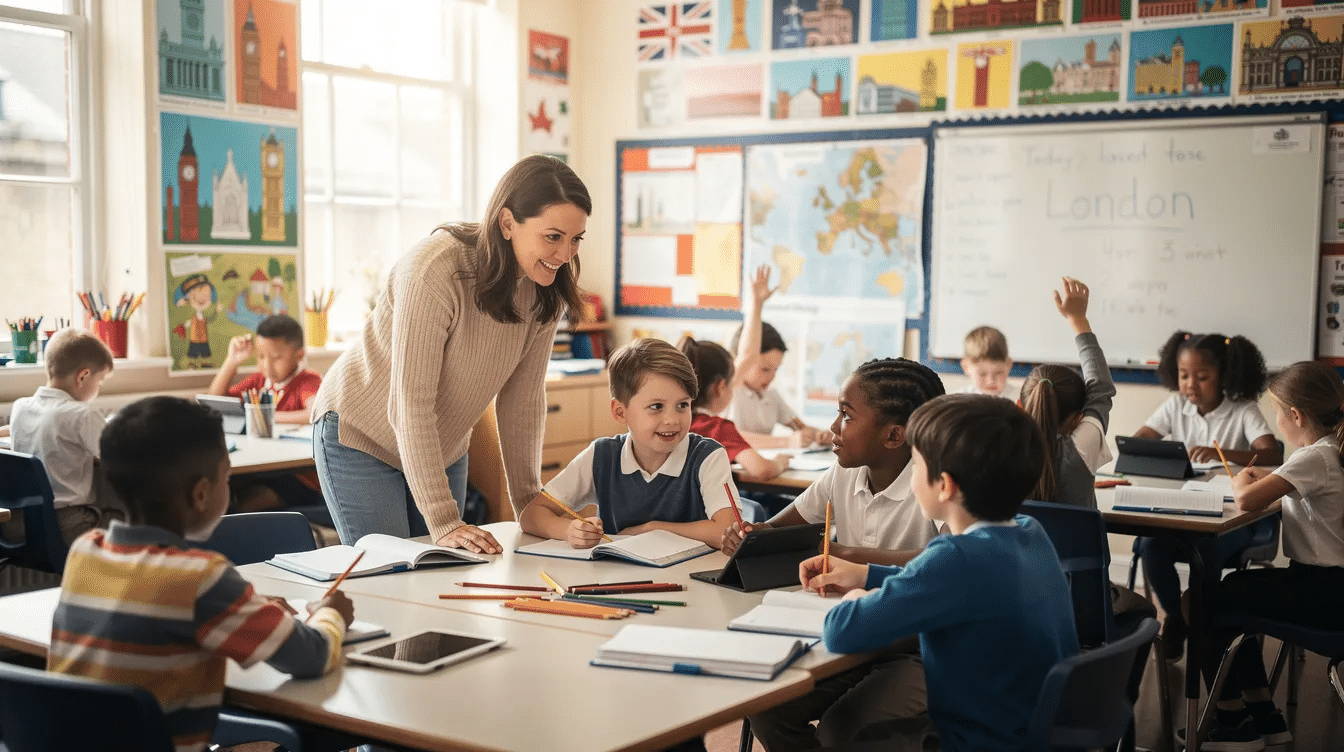 A teacher is actively supporting pupils in a busy London classroom, engaging with students as they work on various tasks. This scene highlights the importance of supply teachers and educational support staff in enhancing the learning experience within local authority maintained schools.