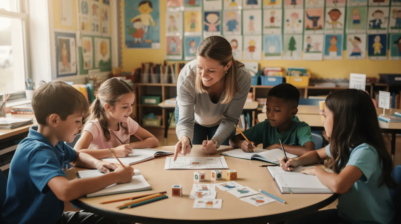 A dedicated teacher is actively supporting a small group of pupils during a learning activity, fostering an engaging environment typical of primary and secondary schools. This scene highlights the vital role of teaching assistants and supply teachers in the education sector, as they provide ongoing support to enhance children's learning experiences.