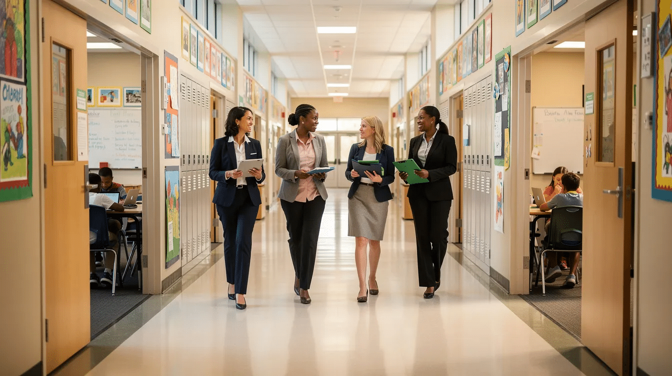 The image depicts a busy school corridor filled with teachers walking between classrooms, showcasing a vibrant school community. Some may be supply teachers employed directly by the local authority maintained school, navigating their daily supply duties while others are permanent teachers engaging with students and staff.