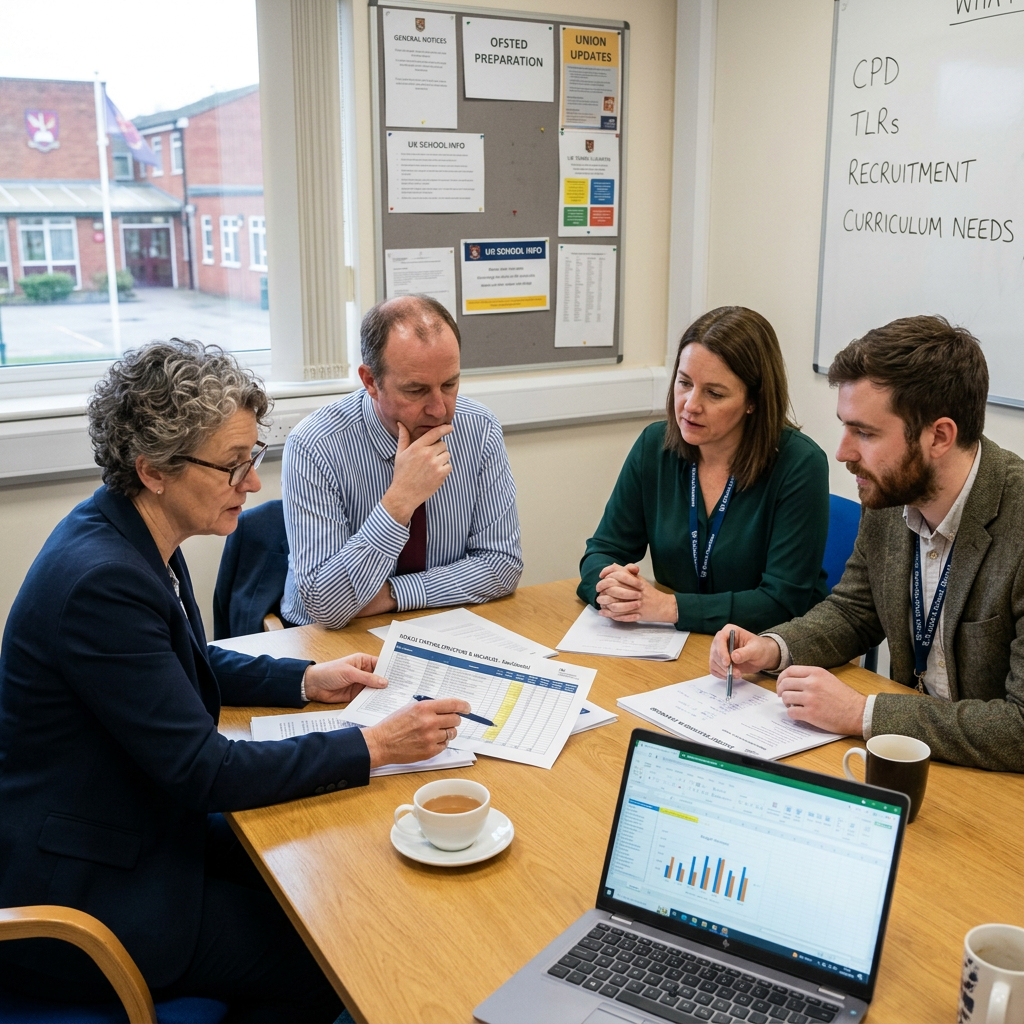 Four school staff members sitting around a table discussing documents and charts