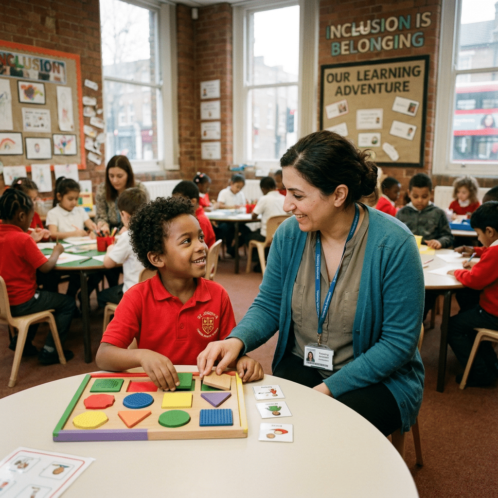 Teacher smiling and guiding a student in a classroom activity with colorful shapes.